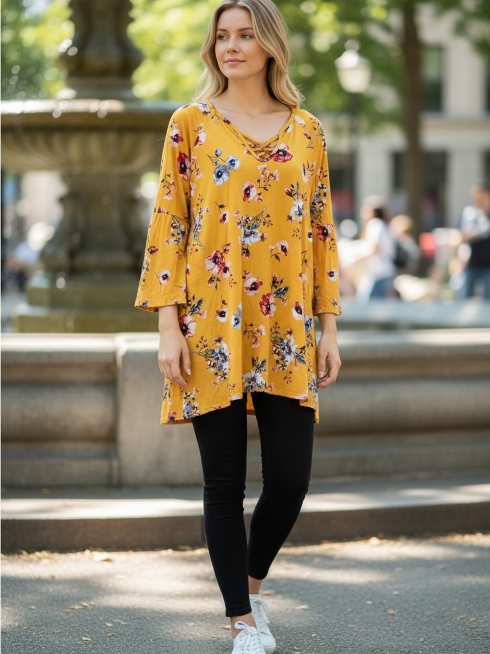 Falls Creek Gold Yellow Floral Tunic Top Women's Size Large